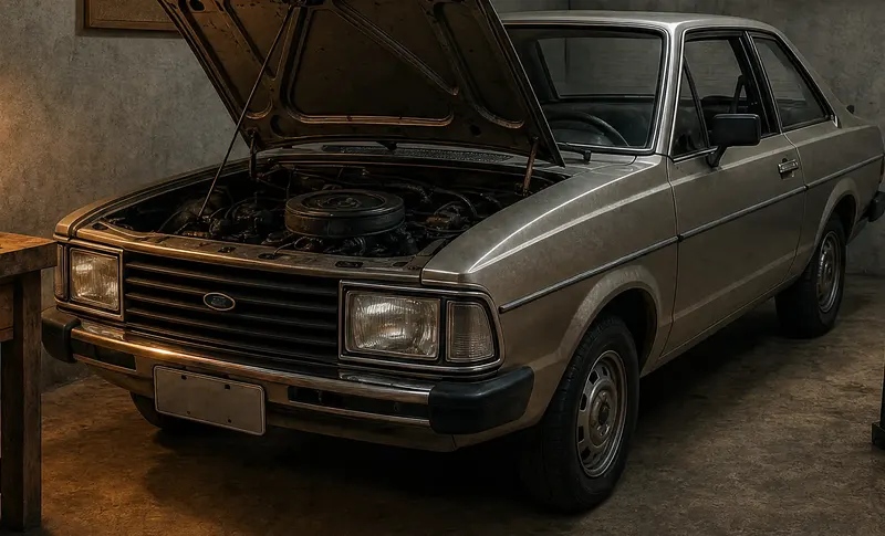 O Corcel II L 1981 dentro da garagem, de capô aberto
